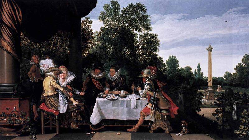 Merry company banqueting on a terrace, Esaias Van de Velde